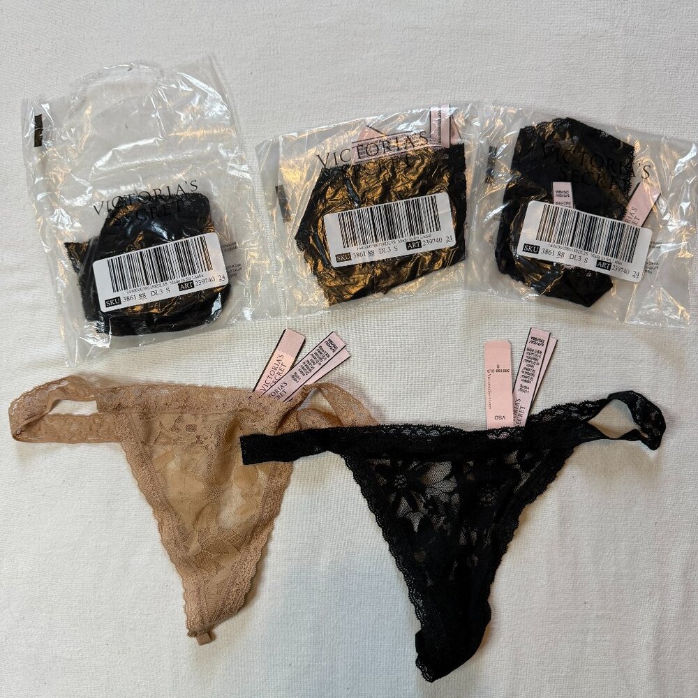 NWT Victoria's Secret Floral Lace V-String Panties Small 5‎ Piece